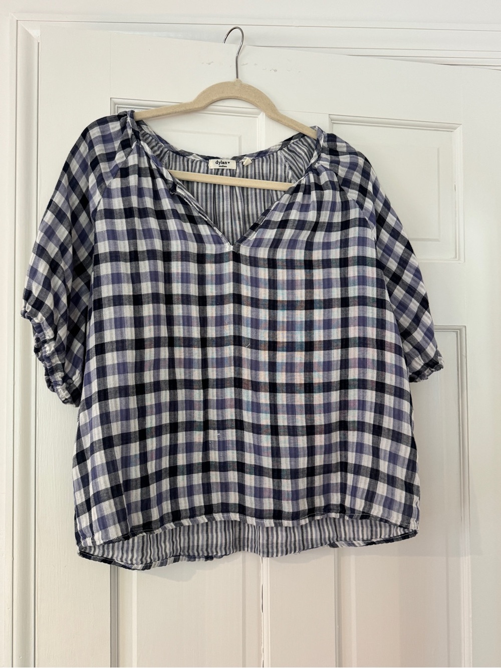 dylan Navy and White Check Peasant Blouse